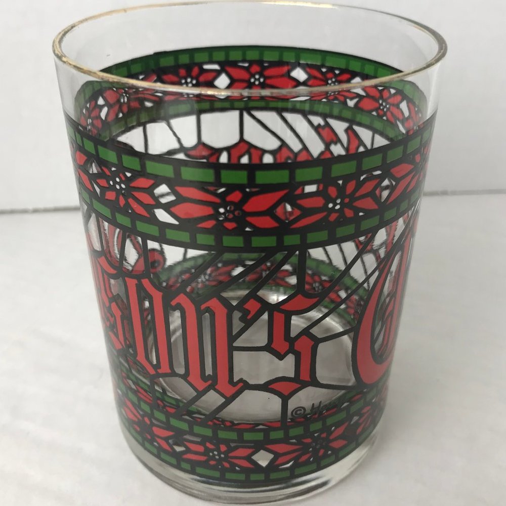 VINTAGE - HOUZE Christmas Drinking Glass Seasons Greeting Stained Glass